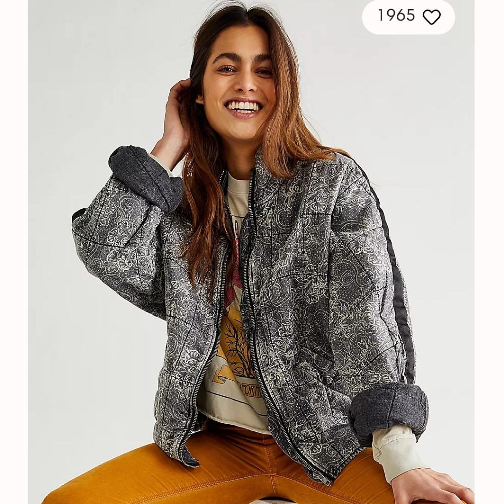 Free People Oversized Dolman Quilted Gray Paisley Bomber Jacket